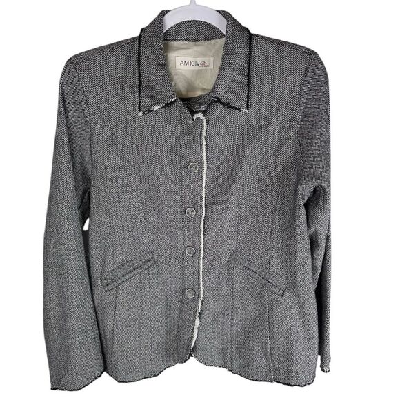 Amici by Baci Black White Herringbone Raw Seam Organic Cotton Jacket Size Medium - Picture 2 of 9